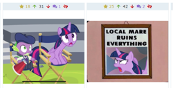 Size: 527x267 | Tagged: safe, edit, edited screencap, screencap, spike, twilight sparkle, twilight sparkle (alicorn), alicorn, dragon, horse play, chair, cropped, derpibooru, director's chair, exploitable meme, juxtaposition, local mare ruins everything, megaphone, meme, memegenerator, meta, solo, text, the simpsons