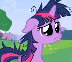 Size: 412x355 | Tagged: safe, derpibooru import, screencap, twilight sparkle, pony, lesson zero, big eyes, cropped, dilated pupils, frown, messy mane, ruffled hair, sad, solo, twilight snapple