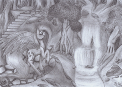 Size: 1733x1236 | Tagged: safe, artist:shadow-nights, fluttershy, butterfly, pegasus, pony, amazed, female, looking at something, mare, monochrome, nature, open mouth, outdoors, pencil drawing, raised hoof, signature, smiling, solo, spread wings, three quarter view, traditional art, tree, water, waterfall, wings