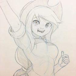 Size: 800x800 | Tagged: safe, artist:kaiyuan, applejack, equestria girls, cowboy hat, female, hat, monochrome, open mouth, pencil drawing, raised arm, sketch, solo, traditional art