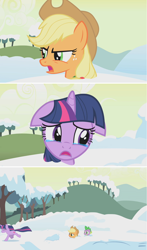 Size: 1278x2176 | Tagged: safe, derpibooru import, edit, edited screencap, screencap, applejack, spike, twilight sparkle, unicorn twilight, dragon, earth pony, pony, unicorn, winter wrap up, applejerk, betrayal, comic, crying, female, floppy ears, male, mare, screencap comic, snow