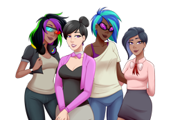 Size: 1500x1045 | Tagged: safe, alternate version, artist:emberfan11, dj pon-3, octavia melody, vinyl scratch, oc, oc:nuance harmoney, oc:sawtooth vibe, human, alternate hairstyle, bowtie, bra, breasts, cardigan, clothes, commission, dark skin, ear piercing, earring, family, female, glasses, hair bun, headphones, humanized, icey-verse, jacket, jeans, jewelry, leather jacket, lesbian, lidded eyes, lipstick, magical lesbian spawn, next generation, offspring, pants, parent:octavia melody, parent:vinyl scratch, parents:scratchtavia, piercing, ring, scratchtavia, shipping, shirt, simple background, skirt, t-shirt, tanktop, transparent background, underwear, wall of tags, watch, wedding ring