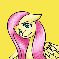 Size: 1024x1024 | Tagged: safe, artist:pocketyhat, fluttershy, pegasus, pony, bust, female, floppy ears, head tilt, mare, simple background, solo, spread wings, wavy mouth, wings, yellow background