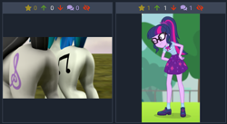 Size: 1195x656 | Tagged: safe, screencap, dj pon-3, octavia melody, sci-twi, twilight sparkle, vinyl scratch, better together, equestria girls, forgotten friendship, 3d, clothes, cropped, derpibooru, female, geode of telekinesis, glasses, juxtaposition, juxtaposition win, meme, meta, one eye closed, plot, shoes, skirt, smiling, socks, source filmmaker, wink