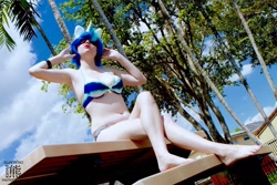 Size: 1086x724 | Tagged: safe, artist:krazykari, dj pon-3, vinyl scratch, human, armpits, belly button, bikini, clothes, cosplay, costume, irl, irl human, photo, solo, swimsuit, tree