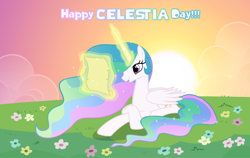 Size: 1280x807 | Tagged: safe, artist:andoanimalia, princess celestia, alicorn, pony, celestia day, female, field, flower, folded wings, letter, magic, mare, prone, sitting, smiling, solo, summer solstice, sun, sunset, telekinesis, wings