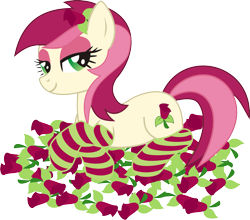 Size: 2051x1802 | Tagged: safe, artist:leopurofriki, roseluck, earth pony, pony, bedroom eyes, clothes, female, flower, mare, prone, rose, simple background, socks, solo, striped socks, transparent background