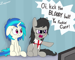 Size: 2530x2029 | Tagged: safe, artist:zaponator, dj pon-3, octavia melody, vinyl scratch, earth pony, pony, unicorn, background pony, britavia, britbong, clothes, england, female, football, mare, octchavia, shirt, surprised, television, vulgar, world cup