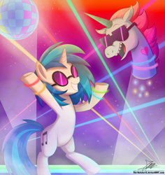 Size: 1796x1904 | Tagged: safe, artist:the-butch-x, dj pon-3, vinyl scratch, pony, unicorn, commission, crossover, dancing, disco ball, duo, female, floating head, flying princess pony head, grin, mare, party, princess pony head, rave, smiling, star vs the forces of evil, sunglasses