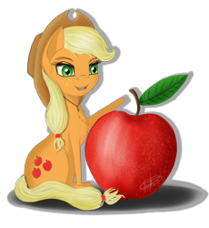 Size: 1636x1780 | Tagged: safe, artist:dezdark, applejack, earth pony, pony, apple, food, raised hoof, simple background, smiling, solo, transparent background