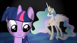 Size: 1360x765 | Tagged: safe, screencap, princess celestia, twilight sparkle, unicorn twilight, alicorn, pony, unicorn, black background, checkered floor, crown, ethereal mane, ethereal tail, horn, jewelry, journey of the spark, looking down, raised hoof, regalia, shadow, simple background, smiling, spread wings, wings