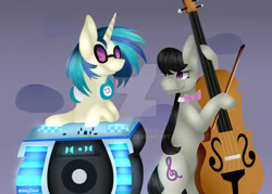 Size: 1023x731 | Tagged: safe, artist:shay-draws, dj pon-3, octavia melody, vinyl scratch, earth pony, pony, unicorn, bipedal, cello, cutie mark, duo, female, glasses, headphones, looking at each other, mare, musical instrument, scene interpretation, smiling, watermark