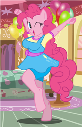 Size: 792x1224 | Tagged: safe, artist:flash equestria photography, pinkie pie, anthro, earth pony, unguligrade anthro, one eye closed, show accurate, smiling, solo, wink