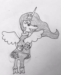 Size: 527x640 | Tagged: safe, artist:whistle blossom, princess celestia, alicorn, anthro, plantigrade anthro, black and white, bloomers, clothes, crown, cuphead, dress, female, gloves, grayscale, grin, high heels, jewelry, looking at you, looking back, looking back at you, mare, monochrome, old timey, regalia, shoes, simple background, smiling, solo, spread wings, standing, style emulation, traditional art, white background, wings