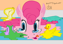 Size: 1000x696 | Tagged: safe, artist:sepiakeys, gummy, pinkie pie, pony, bathing, bathtub, clock, female, fine art parody, melting, partially submerged, pinkie being pinkie, pruny, refraction, rubber duck, salvador dalí, solo, the persistence of memory, water, wet mane