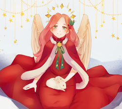 Size: 3393x3057 | Tagged: safe, artist:dagmell, fluttershy, human, rabbit, beautiful, christmas, clothes, female, hair ornament, halo, head tilt, holiday, humanized, looking at you, mantle, sitting, smiling, solo, winged humanization, wings