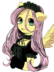 Size: 768x1024 | Tagged: safe, artist:mi_mi_mi_0820, fluttershy, anthro, arm hooves, bust, choker, clothes, dress, fluttergoth, gloves, gothic, gothic fluttershy, gothic lolita, headband, hooves together, looking at you, open mouth, portrait, ribbon, simple background, solo, spread wings, stray strand, three quarter view, white background, wings