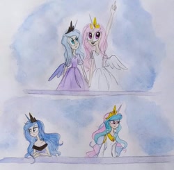 Size: 540x529 | Tagged: safe, artist:lunaart, princess celestia, princess luna, human, clothes, dress, duo, female, horn, horned humanization, humanized, looking up, pink hair, pink hair celestia, pointing, royal sisters, siblings, sisters, traditional art, turned away, winged humanization, wings, younger