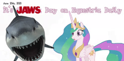 Size: 1530x760 | Tagged: safe, edit, princess celestia, alicorn, pony, shark, jaws, shocked expression, simple background, text, white background