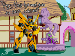 Size: 2400x1805 | Tagged: safe, artist:tofutiles, spike, dragon, bad dudes, bumblebee, crossover, male, parody, transformers, transformers prime