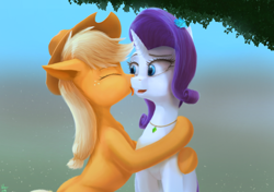 Size: 1280x900 | Tagged: safe, artist:quvr, applejack, rarity, earth pony, pony, unicorn, couple, face licking, female, lesbian, licking, rarijack, shipping, tongue out