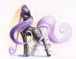 Size: 2956x2326 | Tagged: safe, artist:dragonademetal, octavia melody, earth pony, pony, alternate cutie mark, clothes, colored pencil drawing, female, long hair, looking at you, mare, nightmarified, prehensile tail, simple background, smiling, solo, traditional art, white background