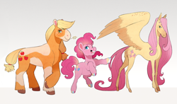 Size: 1280x753 | Tagged: safe, artist:sutexii, applejack, fluttershy, pinkie pie, earth pony, pegasus, pony, butt fluff, colored hooves, crossed hooves, cutie mark, female, gradient background, gray background, grin, modelshy, painted hooves, piebald colouring, pinto, rearing, simple background, smiling, spread wings, trio, wings