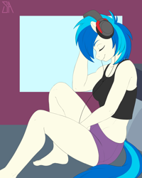 Size: 2400x3000 | Tagged: safe, artist:souladdicted, dj pon-3, vinyl scratch, anthro, plantigrade anthro, unicorn, barefoot, bed, clothes, eyes closed, feet, female, headphones, mare, midriff, relaxing, request, requested art, shorts, smiling, solo, tanktop