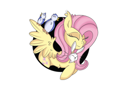 Size: 4000x2910 | Tagged: safe, artist:lycania29, angel bunny, fluttershy, bird, pegasus, pony, rabbit, ear fluff, ear tufts, eyes closed, female, mare, simple background, smiling, spread wings, transparent background, wings