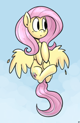 Size: 1242x1920 | Tagged: safe, artist:benja, fluttershy, pegasus, pony, cute, female, flying, hooves to the chest, looking away, looking sideways, mare, shyabetes, signature, sky, solo, spread wings, wings