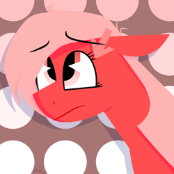 Size: 1500x1500 | Tagged: safe, artist:binkyt11, derpibooru exclusive, oc, oc only, oc:downvote, pony, abstract background, bust, derpibooru, derpibooru ponified, female, lineless, mare, meta, pacman eyes, ponified, solo