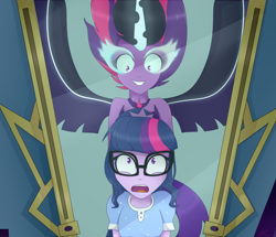 Size: 1300x1116 | Tagged: safe, artist:ultrard, derpibooru import, midnight sparkle, sci-twi, twilight sparkle, equestria girls, legend of everfree, clothes, glasses, mirror, open mouth, scene interpretation, sci-twi's nightmare, shocked