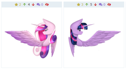 Size: 490x272 | Tagged: safe, artist:imbirgiana, part of a set, princess cadance, twilight sparkle, twilight sparkle (alicorn), alicorn, pony, bust, derpibooru, female, juxtaposition, lidded eyes, mare, meta, one wing out, simple background, smiling, solo, transparent background