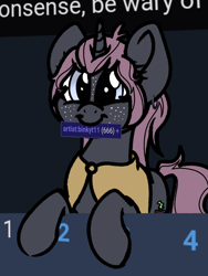 Size: 1500x2000 | Tagged: safe, artist:binkyt11, derpibooru exclusive, oc, oc only, oc:belladonna lamia, pony, unicorn, 666, cloak, clothes, derpibooru, ear piercing, female, freckles, hail satan, mare, meta, mouth hold, piercing, potato sack, solo, tags