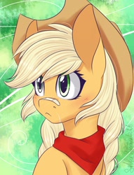 Size: 1300x1700 | Tagged: safe, artist:silbersternenlicht, applejack, earth pony, pony, alternate hairstyle, bandaid, bandana, blushing, cowboy hat, cute, female, freckles, hat, jackabetes, mare, neckerchief, solo, stetson