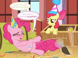 Size: 8000x6000 | Tagged: safe, alternate version, artist:ithinkitsdivine, apple bloom, pinkie pie, earth pony, pony, absurd resolution, barn, bladder gauge, blushing, confetti, covering crotch, crossed legs, desperation, dialogue, duo, duo female, female, hat, hay, icing bag, mare, need to pee, need to poop, omorashi, party hat, potty dance, potty emergency, potty time, squirming, sweat, sweet apple acres