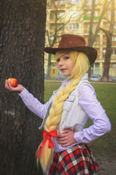 Size: 1024x1544 | Tagged: safe, artist:denpun-chan, applejack, human, apple, clothes, cosplay, costume, food, hat, irl, irl human, photo, solo