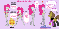 Size: 2666x1318 | Tagged: safe, artist:succubi samus, pinkie pie, oc, oc:moon pearl, bat pony, equestria girls, annoyed, ass, balloonbutt, bat pony oc, butt, comments locked on derpi, cutie mark, duckery in the comments, equestrian city, exclamation point, fourth wall destruction, goggles, interrupted, link in description, plot, reference sheet, speedster, superhero, text bubbles, tight clothing