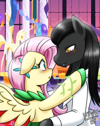 Size: 3600x4500 | Tagged: safe, artist:danmakuman, fluttershy, oc, oc:midnight, pegasus, pony, blushing, canon x oc, clothes, commission, dancing, dress, female, looking at each other, male, mare, stallion, straight