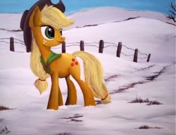 Size: 1536x1180 | Tagged: safe, artist:celestial-rainstorm, applejack, earth pony, pony, acrylic painting, cowboy hat, female, freckles, hat, scenery, smiling, snow, solo, stetson, traditional art, walking