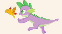 Size: 900x500 | Tagged: safe, artist:doodleywoodley, peewee, spike, dragon, phoenix, duo, flying, male, running, simple background, white background