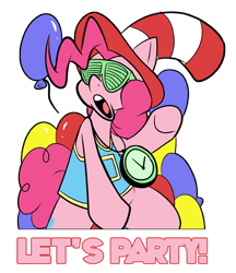 Size: 576x666 | Tagged: safe, artist:pembroke, pinkie pie, earth pony, pony, balloon, clock, clothes, female, hat, open mouth, pinkie patreon, shutter shades, simple background, solo, sunglasses, text, transparent background