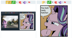 Size: 498x264 | Tagged: safe, artist:naijiwizard, artist:sc, edit, starlight glimmer, unicorn, derpibooru, female, juxtaposition, juxtaposition win, meme, meta, photoshop, speech bubble, suspicious