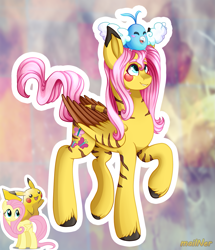 Size: 1261x1469 | Tagged: safe, artist:mailner, fluttershy, pegasus, pikachu, pony, colored wings, crossover, hooves, pokémon, redesign, simple background, smiling, solo, unshorn fetlocks