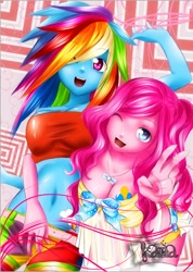 Size: 602x846 | Tagged: safe, artist:rana, pinkie pie, rainbow dash, equestria girls, boobie mark, breasts, cleavage, clothes, nightgown, one eye closed, pants, top, wink