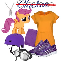 Size: 600x600 | Tagged: safe, scootaloo, chicken, clothes, food, goggles, helmet, jewelry, necklace, orange, orange shirt, purple, purple shoes, scootachicken, shirt, shoes, shorts, simple background, white background, wings