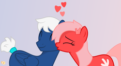 Size: 4633x2534 | Tagged: safe, artist:potato22, oc, oc:downvote, oc:snowy knight, pony, derpibooru, derpibooru ponified, dowy, eyes closed, female, kiss on the cheek, kissing, male, mare, meta, oc x oc, ponified, shipping, simple background, smooch, stallion, straight, vector