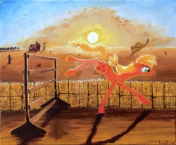 Size: 1024x845 | Tagged: safe, artist:colorsceempainting, applejack, earth pony, pony, over a barrel, appleloosa, canvas, desert, hat, obstacle course, paint, painting, scenery, shadow, solo, sun, traditional art, watermark