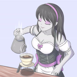 Size: 3248x3248 | Tagged: safe, artist:sumin6301, octavia melody, equestria girls, bare shoulders, breasts, cleavage, clothes, coffee, eyes closed, eyeshadow, female, hairband, maid, makeup, octamaid, solo, steam