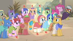 Size: 1662x939 | Tagged: safe, edit, edited screencap, screencap, a.k. yearling, aroma hathor, aten (character), desert flower, husani, iahjmehet, lunar bay, mosiah, nephthys, nile faras, pepperberry (g4), pinkie pie, taperet, tut jannah, earth pony, pegasus, pony, unicorn, daring done?, background pony, clothes, female, hijab, male, mare, name suggestion in the comments, smiling, somnambula (location), somnambula resident, stallion, unnamed pony, when she smiles